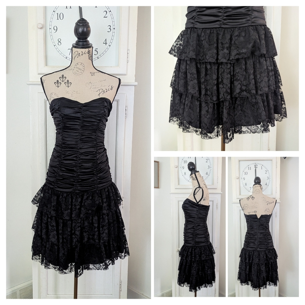 Betsey Johnson Evening Silk Black Strapless Ruched Lace Tier Cocktail Dress